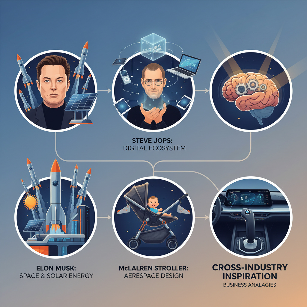 Illustration showing Elon Musk with rockets and solar panels, Steve Jobs surrounded by a digital hub connecting various devices, a Maclaren baby stroller inspired by aircraft design, and a BMW car dashboard with a joystick control—representing how analogies from different industries inspire business innovation and entrepreneurship