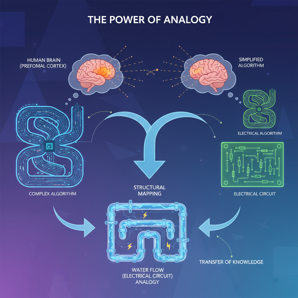 Illustration showing a complex computer algorithm represented as a maze, a highlighted human brain focusing on the prefrontal cortex, and water flowing through pipes symbolizing an electrical circuit analogy, with arrows depicting the transfer of knowledge and structural mapping—explaining how analogies work cognitively in problem-solving and everyday understanding
