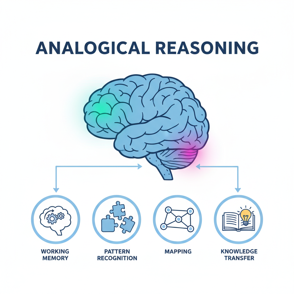 Illustration concept showing the brain highlighting the prefrontal cortex and hippocampus involved in analogical reasoning, working memory holding and manipulating information, and arrows representing cognitive functions like pattern recognition, structural mapping, and knowledge transfer—explaining the neural and cognitive basis of analogical reasoning in problem-solving.