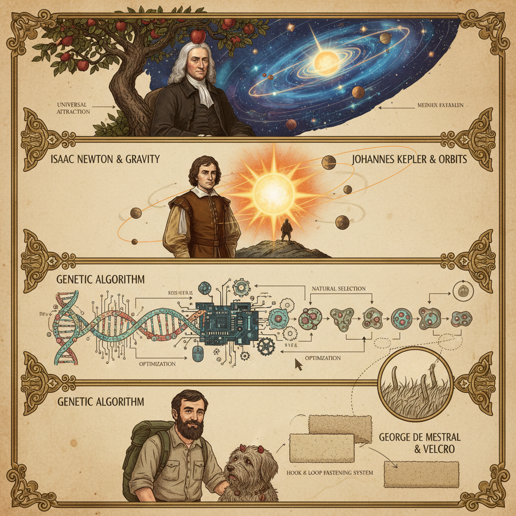 Illustration showing Isaac Newton observing a falling apple with planets overhead representing gravity, Johannes Kepler with the sun illuminating planets to explain planetary motion, a symbolic depiction of genetic algorithms inspired by natural selection in computer science, and George de Mestral observing burrs sticking to his dog’s fur alongside Velcro’s hook-and-loop fastening system—demonstrating how analogy drives scientific discovery and technological innovation