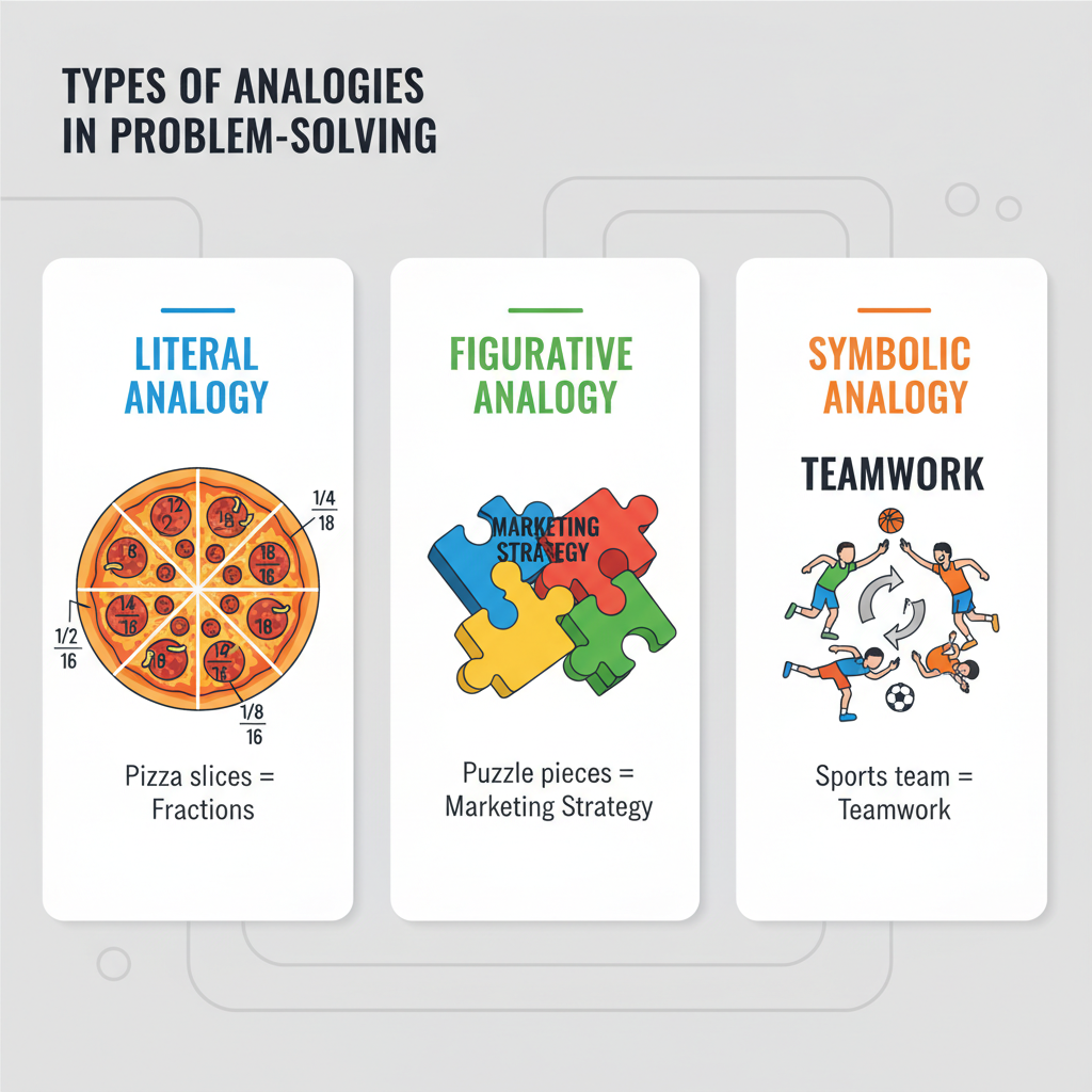 Illustration showing three types of analogies used in problem-solving: a literal analogy with a pizza divided into slices representing fractions, a figurative analogy with interconnected puzzle pieces representing a marketing strategy, and a symbolic analogy with a sports team working together symbolizing teamwork—each labeled accordingly to explain their application