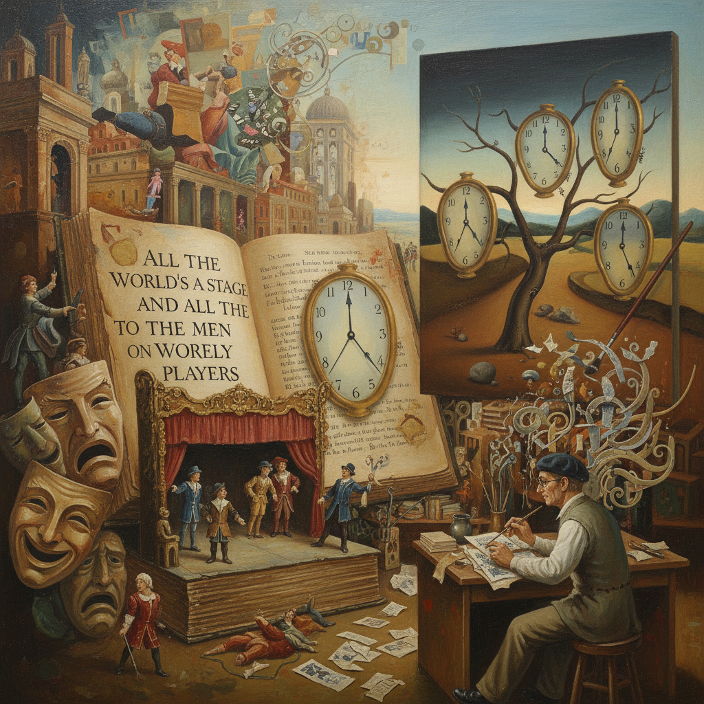 Illustration showing an open book with Shakespeare's quote "All the world's a stage" alongside theater masks and actors, a depiction of Salvador Dali's painting "The Persistence of Memory" with melting clocks, an artist painting, and a writer crafting vivid imagery—representing how analogies inspire creativity and convey complex ideas in art and literature