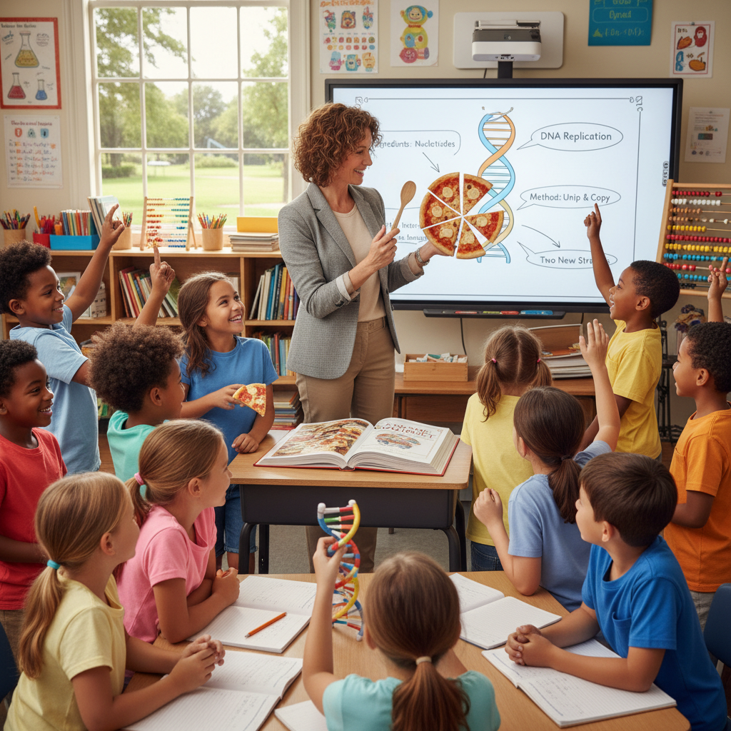 Classroom scene with a teacher illustrating fractions using pizza slices and demonstrating DNA replication using a recipe book, with engaged students—showcasing how analogies help simplify abstract scientific and mathematical concepts in education