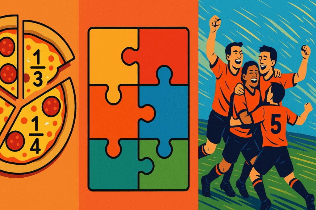 Infografía educativa dividida en tres secciones que muestra los tipos de analogías: sección izquierda con una pizza cortada en porciones para representar analogías literales y conceptos matemáticos de fracciones; sección central con piezas de puzzle encajando para ilustrar analogías figurativas y estrategias creativas; sección derecha con jugadores de un equipo deportivo colaborando para ejemplificar analogías simbólicas y trabajo en equipo empresarial.