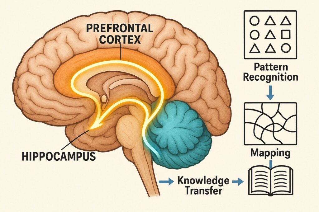 Diagrama científico del cerebro humano que muestra las áreas neurales clave en el razonamiento analógico, con el córtex prefrontal y el hipocampo resaltados en colores distintivos. La imagen incluye representaciones visuales de los procesos cognitivos: reconocimiento de patrones mediante conexiones neuronales, mapeo estructural con flechas que indican transferencia de información, y redes de memoria de trabajo que facilitan la comparación y manipulación de conceptos analógicos.