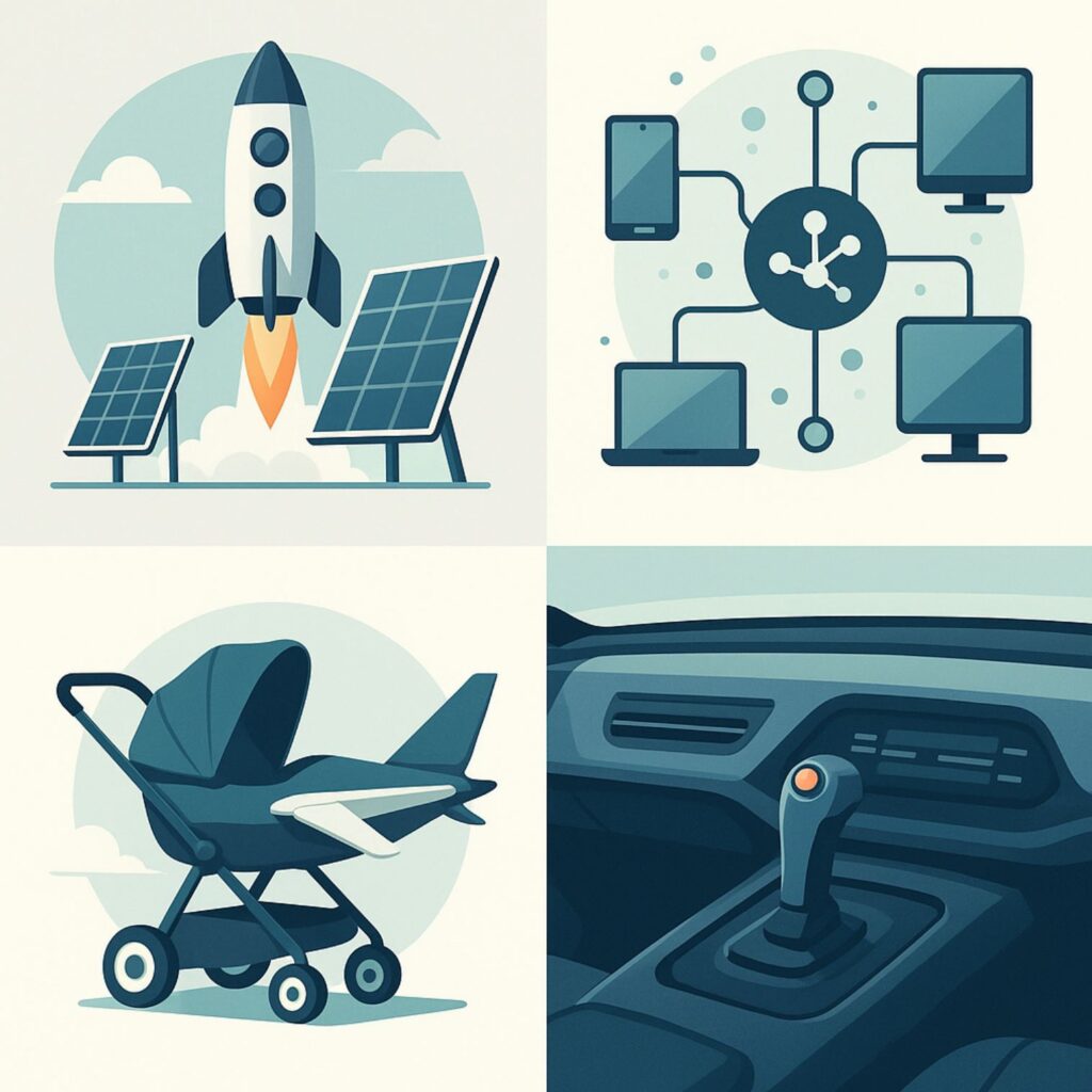 Imagen compuesta en cuatro cuadros: primero, un cohete alzándose junto a paneles solares que simboliza energías renovables; segundo, un dispositivo central con conexiones a smartphone, tablet y ordenador para representar un hub digital; tercero, un cochecito de bebé con ala de avión mostrando diseño aeronáutico; cuarto, un volante y joystick integrados en un salpicadero de coche evocando el sistema iDrive de BMW.