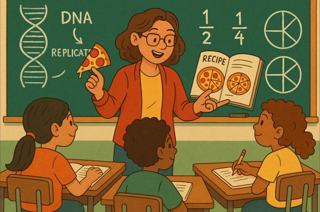 Poder de las Analogías en la Resolución de Problemas: Escena de aula donde un profesor muestra una pizza dividida en porciones y un libro de recetas a un grupo de estudiantes. La pizza ilustra el concepto de fracciones, mientras que la receta sirve como analogía para explicar la replicación del ADN.
