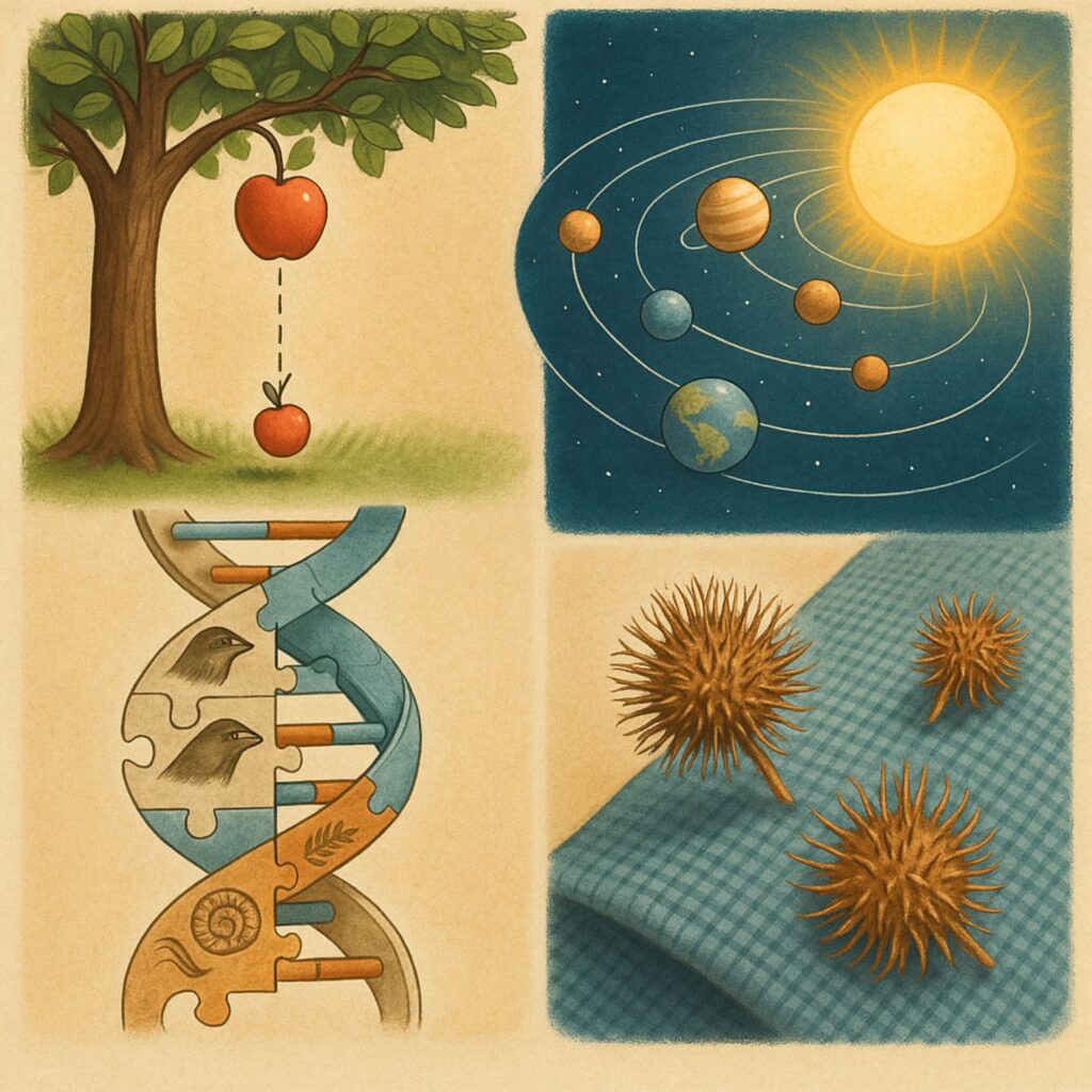 Poder de las Analogías en la Resolución de Problemas:Imagen en cuatro cuadros: una manzana cayendo de un árbol con la órbita de planetas de fondo para Newton; un sol irradiando luz hacia planetas para Kepler; una doble hélice de ADN combinada con símbolos de selección natural para algoritmos genéticos; y semillas de cardo adheridas a tela para ilustrar el origen del Velcro.